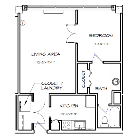 Floor plan for 1 bed, 1 bath, 593 sqft